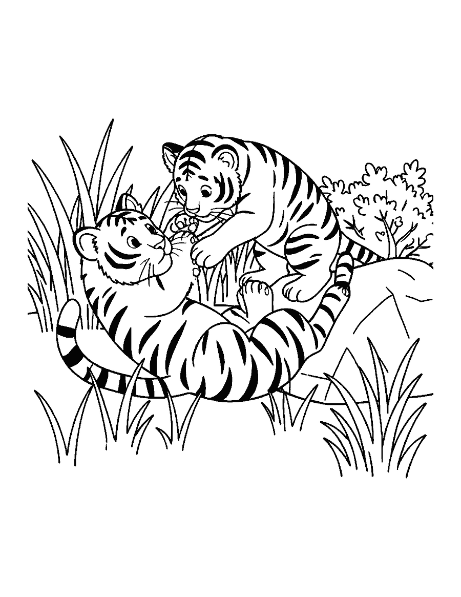 Line drawing of two tiger cubs wrestling in tall grass beside a boulder