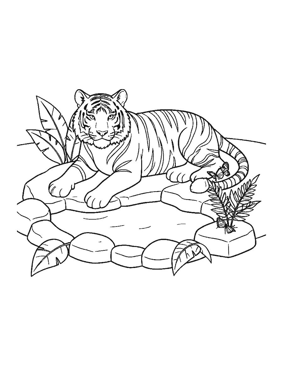 Line drawing of a white tiger lying beside a small rocky pool with leaves and a fern