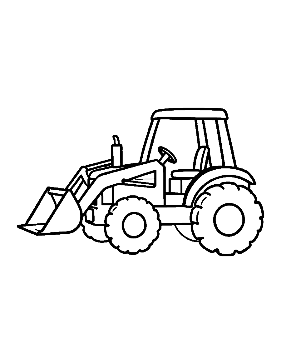 Line drawing of a small tractor with a raised front loader bucket