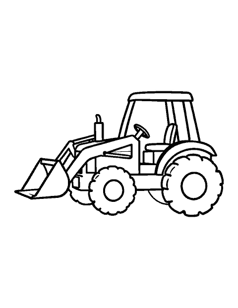 Line drawing of a small tractor with a raised front loader bucket