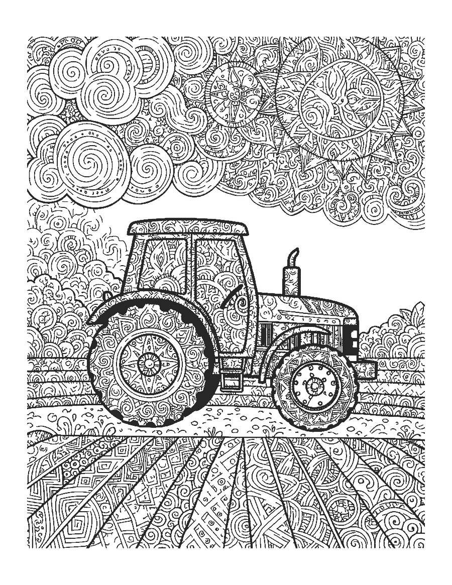 Line drawing of a doodle tractor crossing a field of patterned rows