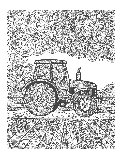 Line drawing of a doodle tractor crossing a field of patterned rows