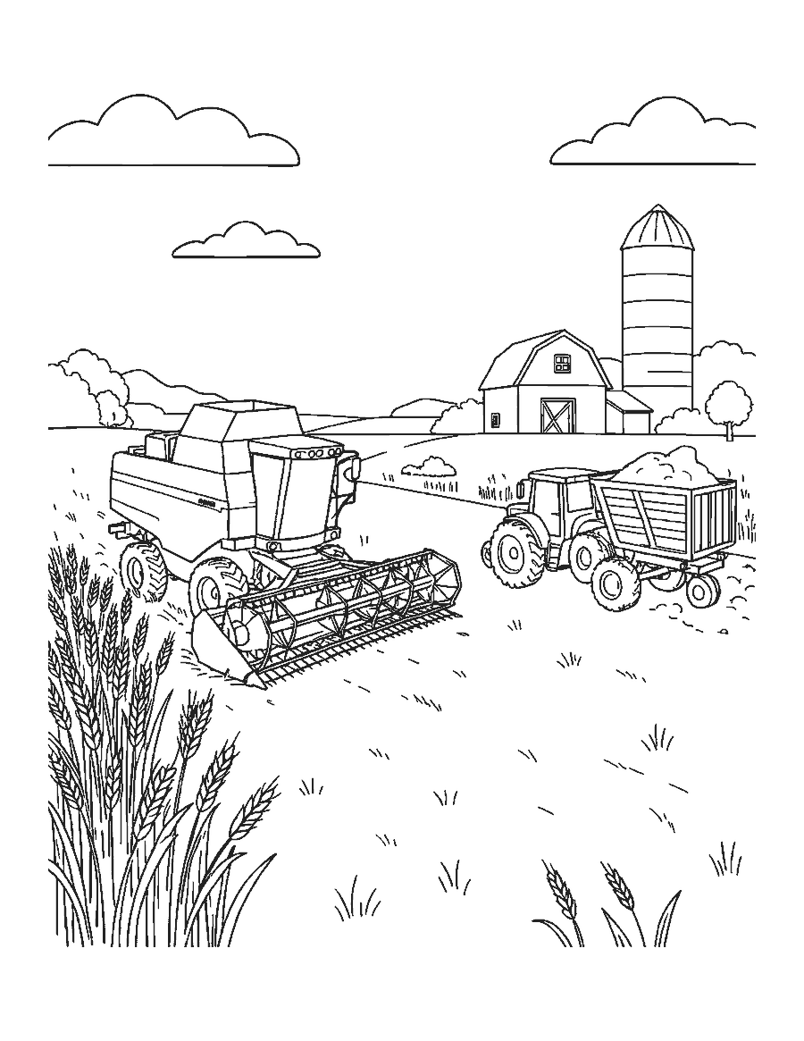 Line drawing of a tractor and a combine harvesting wheat beside a barn and silo