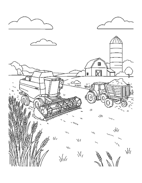 Line drawing of a tractor and a combine harvesting wheat beside a barn and silo