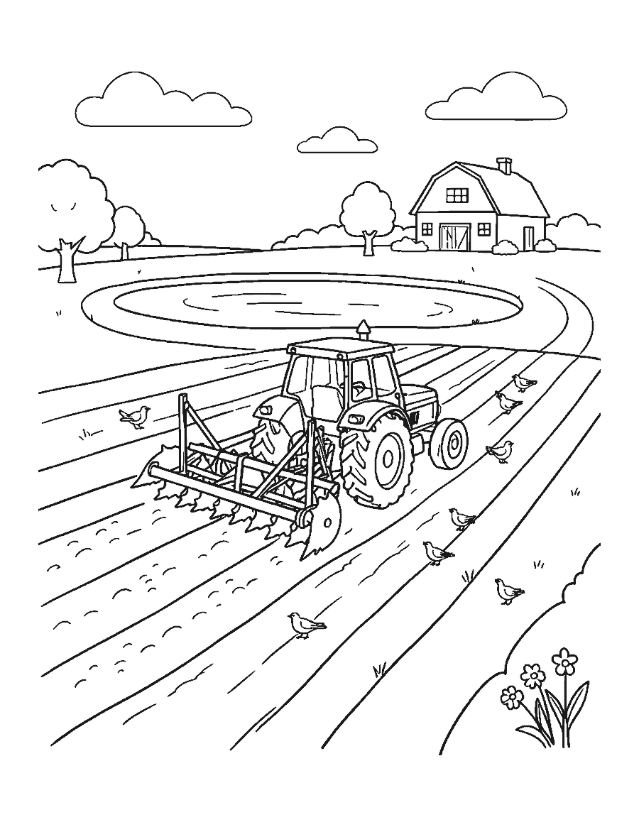 Line drawing of a tractor plowing furrows in a field with birds following