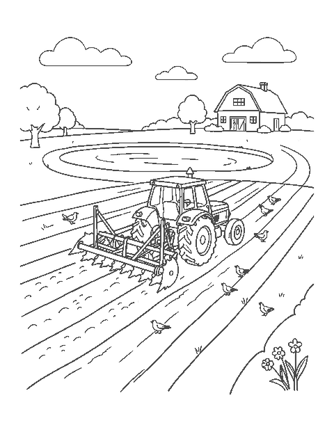 Line drawing of a tractor plowing furrows in a field with birds following