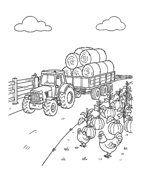 Line drawing of a tractor pulling a wagon of hay bales past a fence and pumpkins