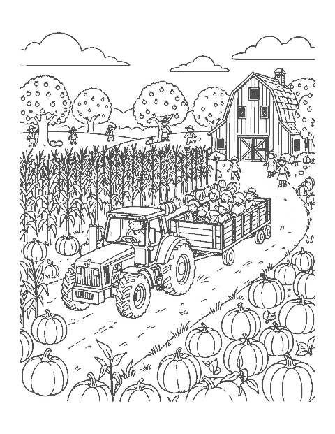 Line drawing of a tractor pulling a hayride of children through a pumpkin farm