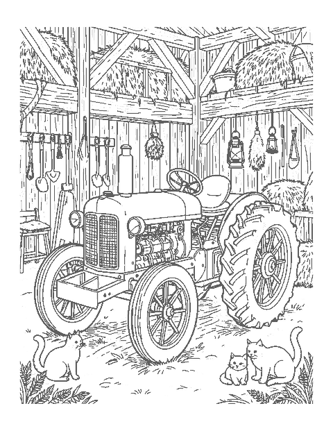 Line drawing of a detailed vintage tractor in an old barn with tools, hay and cats