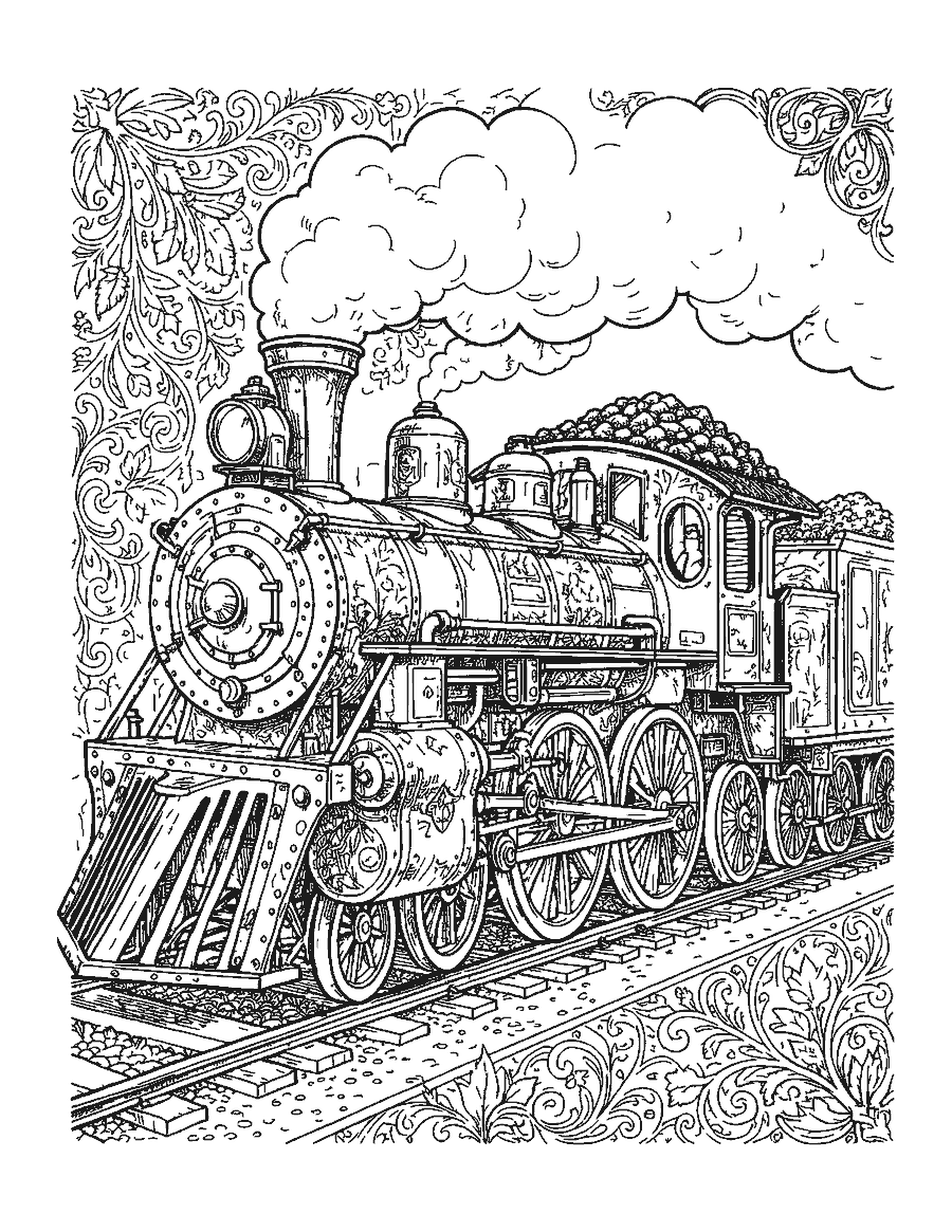 Line drawing of a highly detailed vintage steam locomotive with billowing steam
