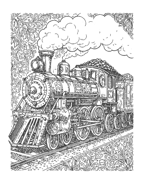 Line drawing of a highly detailed vintage steam locomotive with billowing steam