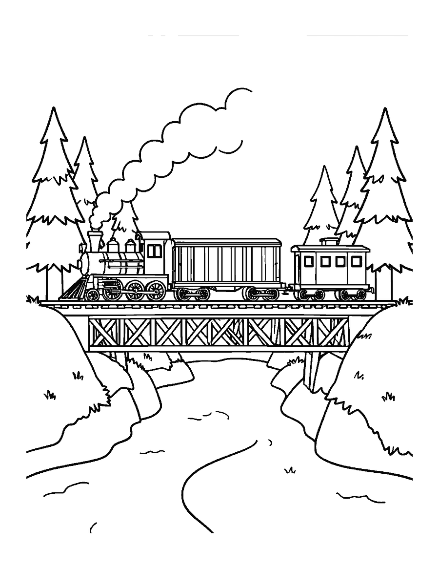 Line drawing of a freight train crossing a wooden trestle bridge over a stream