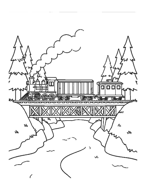 Line drawing of a freight train crossing a wooden trestle bridge over a stream