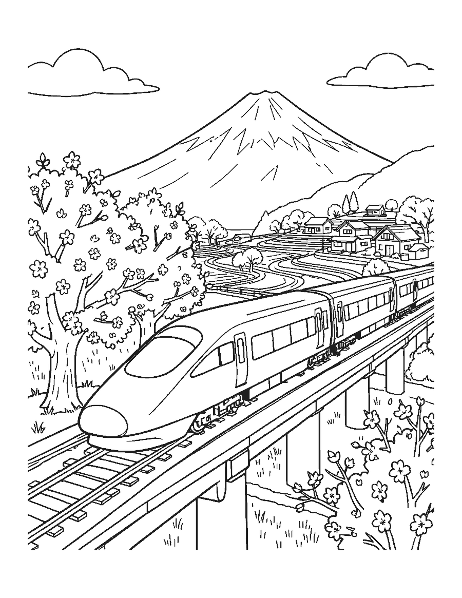 Line drawing of a high-speed train gliding past cherry blossom trees and rice terraces