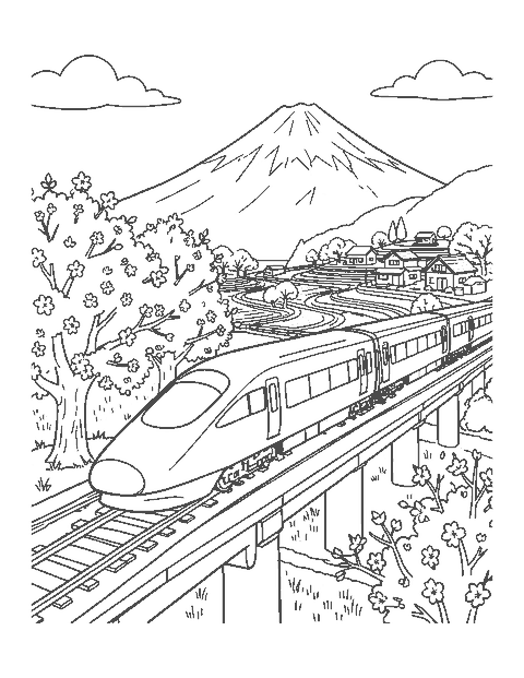 Line drawing of a high-speed train gliding past cherry blossom trees and rice terraces