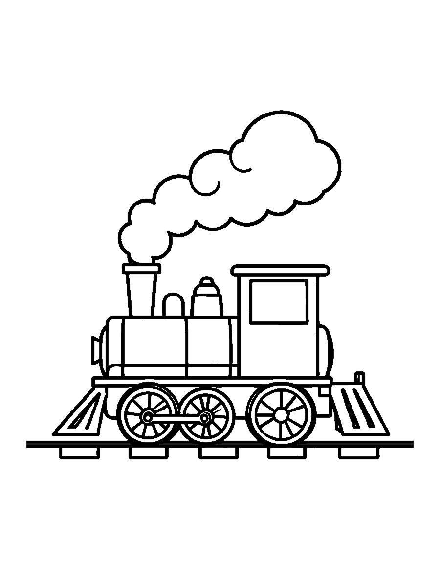Line drawing of a little steam engine puffing round smoke clouds on a track