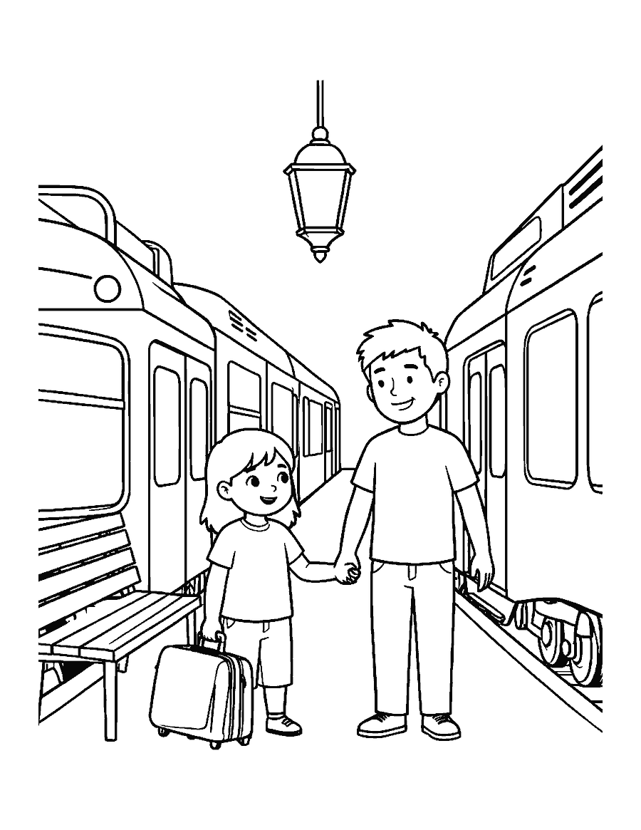 Line drawing of a child and parent with a suitcase boarding a train at a platform