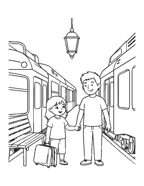 Line drawing of a child and parent with a suitcase boarding a train at a platform