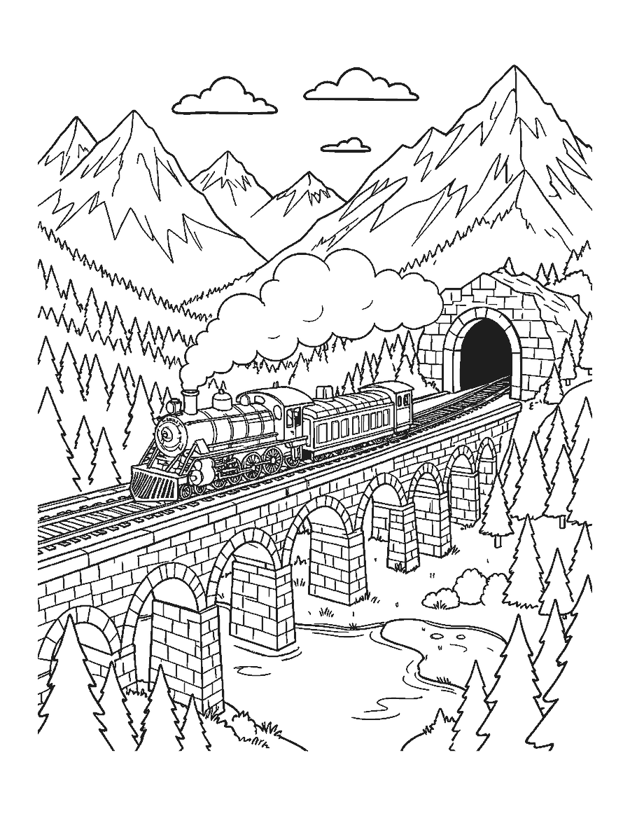 Line drawing of a steam train on a stone viaduct in the mountains above a lake
