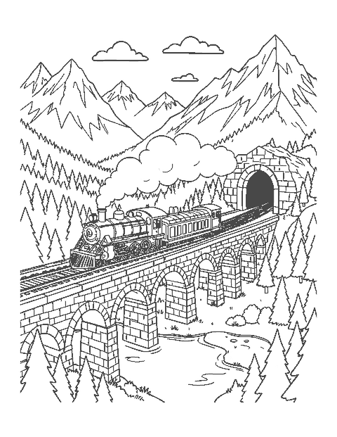 Line drawing of a steam train on a stone viaduct in the mountains above a lake