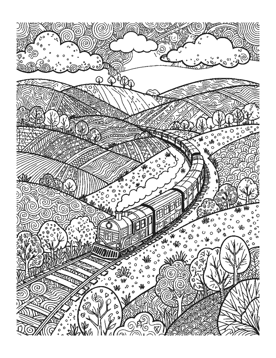 Line drawing of a train winding through hills filled with doodle patterns