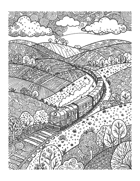 Line drawing of a train winding through hills filled with doodle patterns