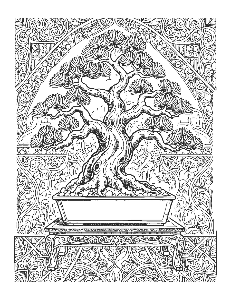 Line drawing of a detailed bonsai tree in a shallow pot on a carved wooden stand