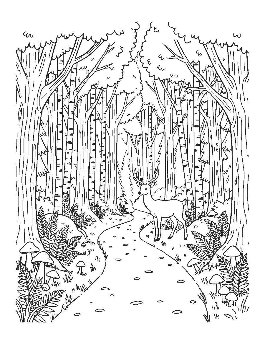 Line drawing of a forest path with oaks, birches and pines and a deer crossing