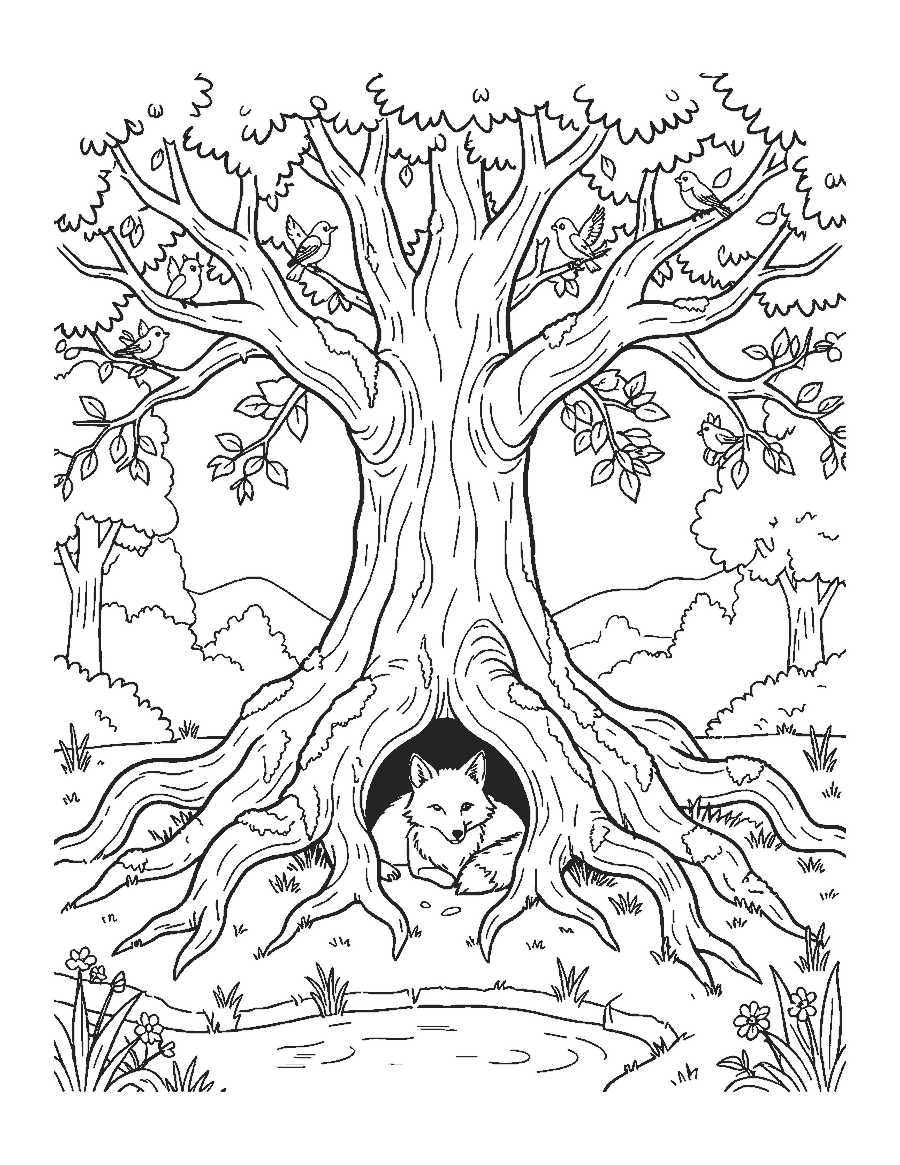 Line drawing of an ancient tree with huge twisting roots, a fox den and a stream