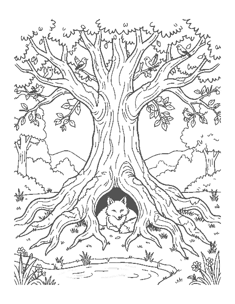 Line drawing of an ancient tree with huge twisting roots, a fox den and a stream