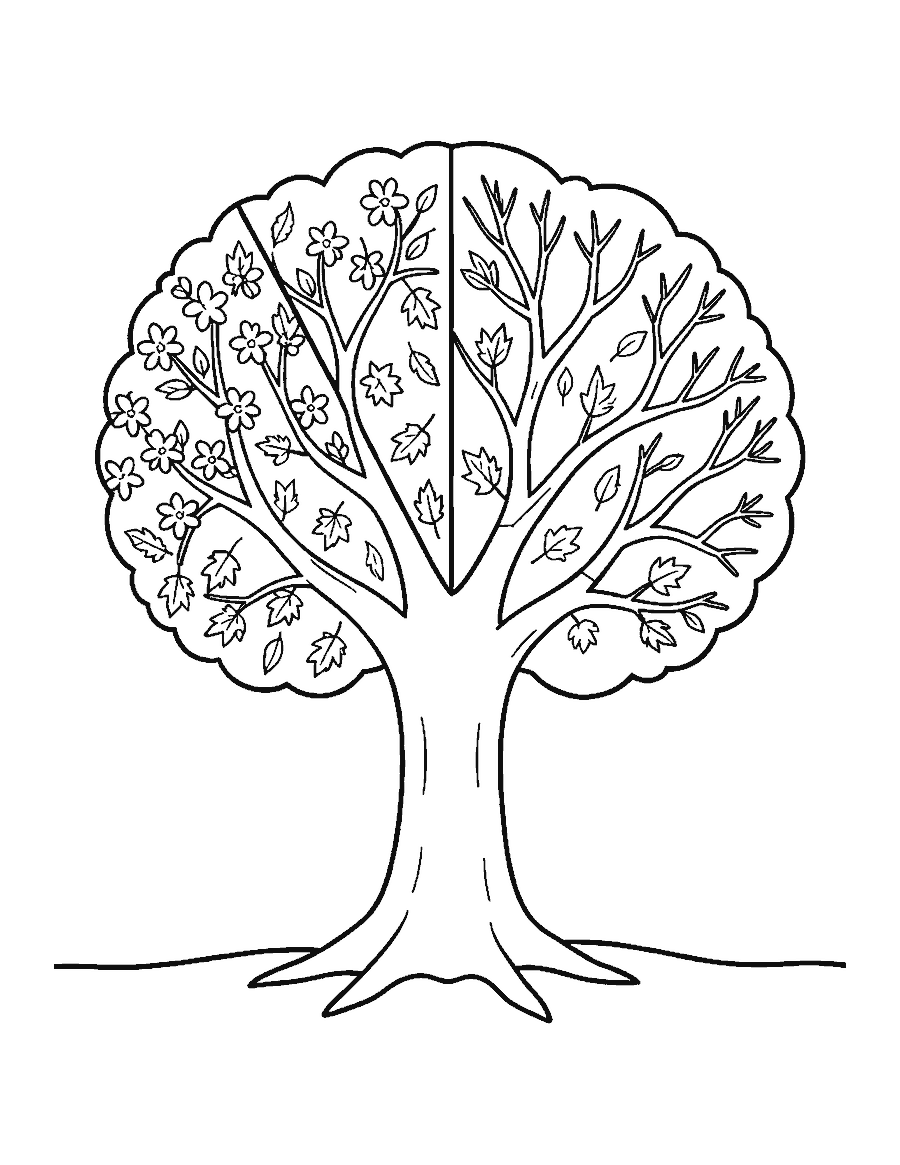 Line drawing of one tree split into four sections showing spring, summer, fall and winter