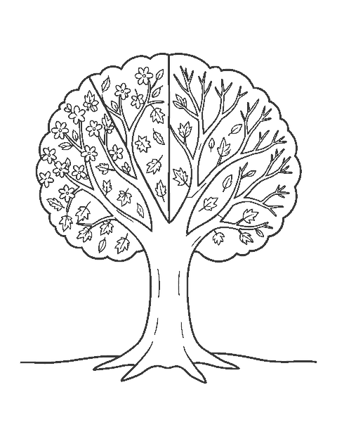 Line drawing of one tree split into four sections showing spring, summer, fall and winter