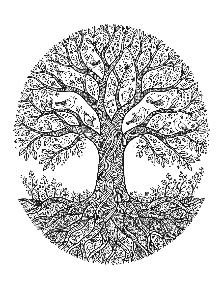 Line drawing of a tree in a circle with mirrored branches and roots filled with patterns