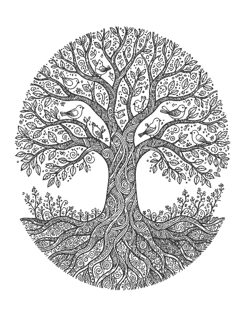 Line drawing of a tree in a circle with mirrored branches and roots filled with patterns