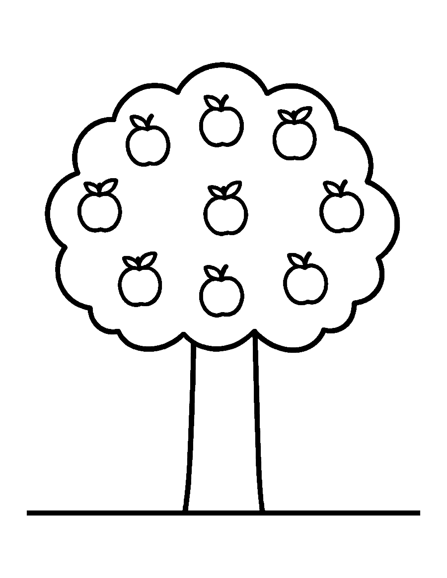 Line drawing of a tree with a round puffy treetop full of big apples