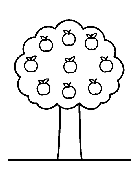 Line drawing of a tree with a round puffy treetop full of big apples