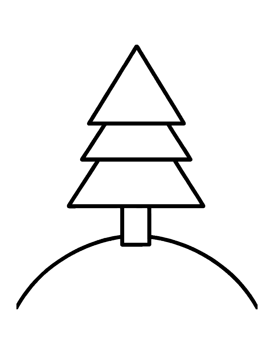 Line drawing of a pine tree made of stacked triangles on a small hill