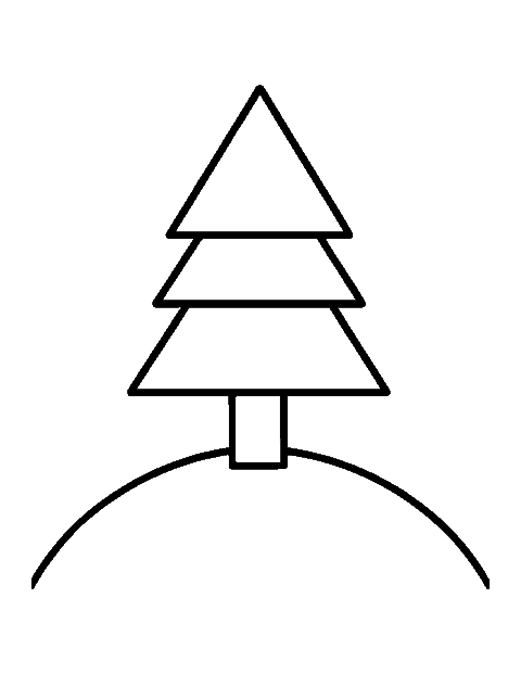 Line drawing of a pine tree made of stacked triangles on a small hill