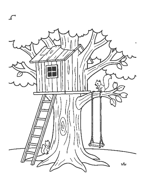 Line drawing of a treehouse with a rope ladder in an oak tree with a swing and squirrel