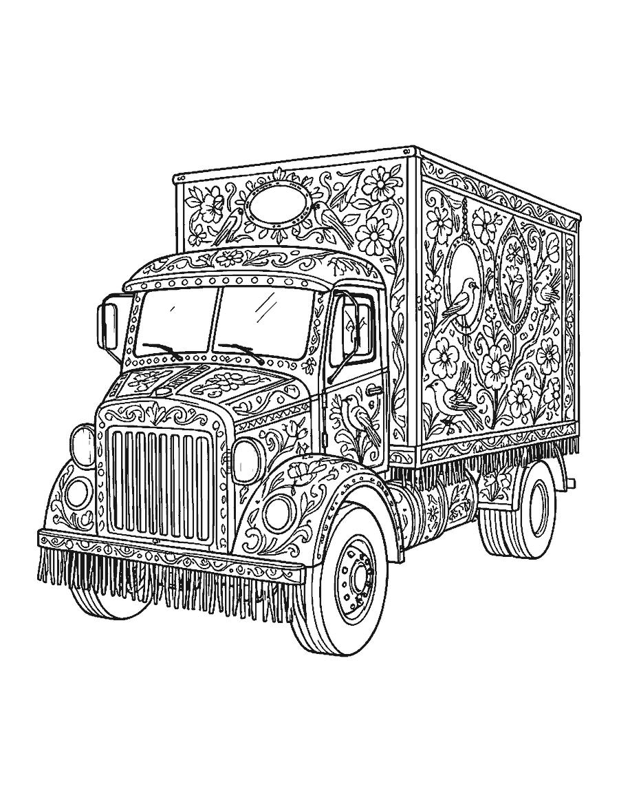 Line drawing of a cargo truck covered in ornate painted flowers, birds and scrolls