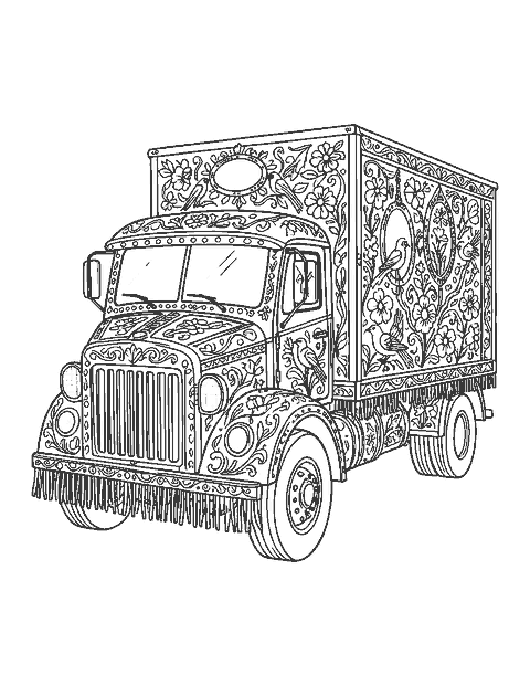 Line drawing of a cargo truck covered in ornate painted flowers, birds and scrolls
