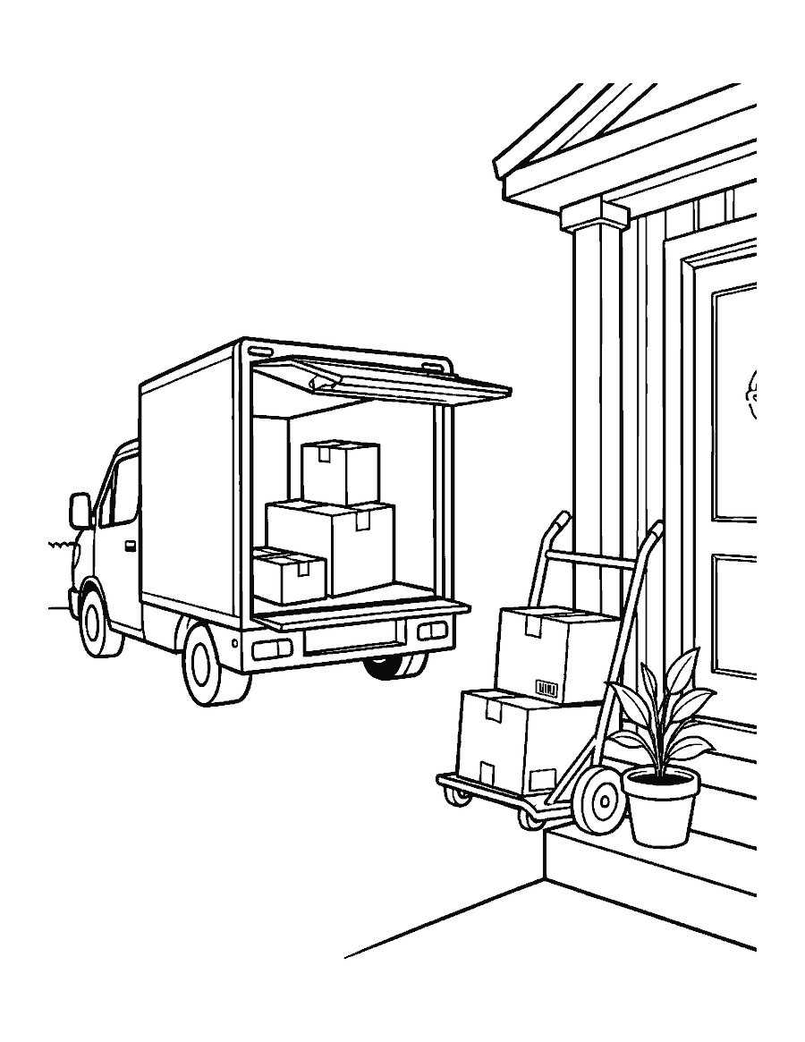Line drawing of a delivery truck with stacked boxes and a hand truck by a porch