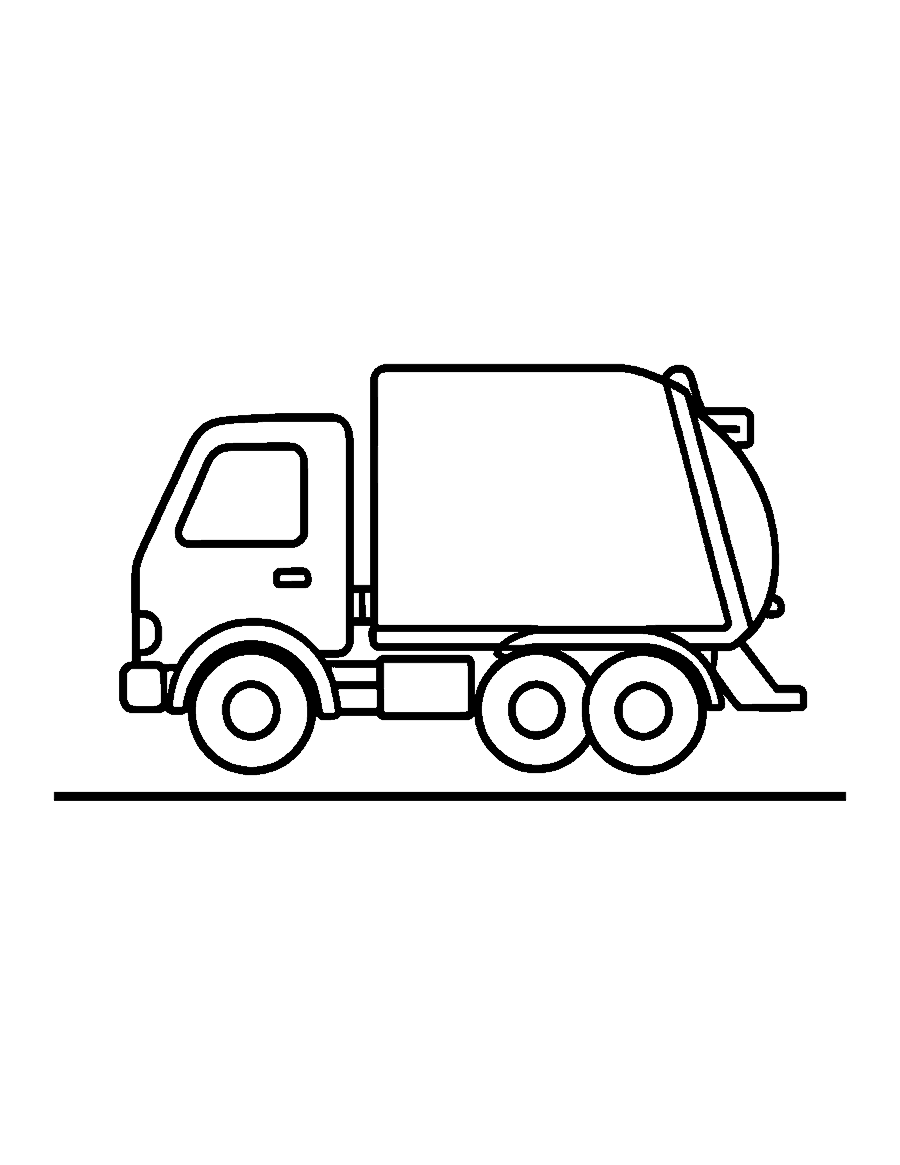 Line drawing of a garbage truck seen from the side with a boxy cab and big wheels