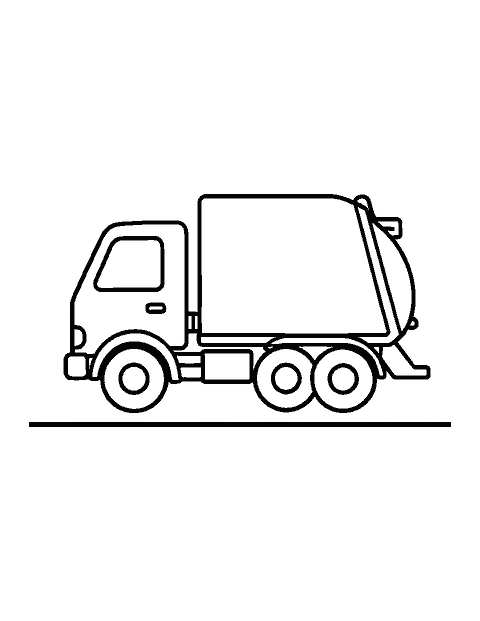 Line drawing of a garbage truck seen from the side with a boxy cab and big wheels