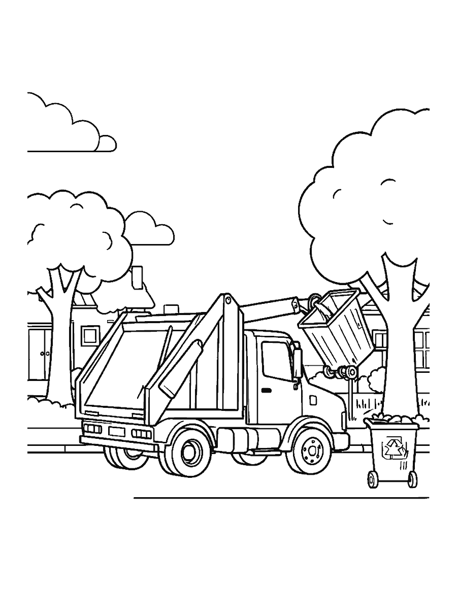 Line drawing of a garbage truck lifting a trash bin with its side arm on a street