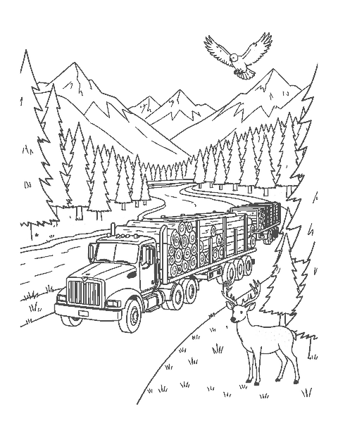 Line drawing of a logging truck stacked with logs on a winding mountain road