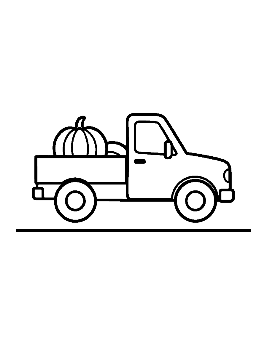 Line drawing of a pickup truck with a single pumpkin in its cargo bed