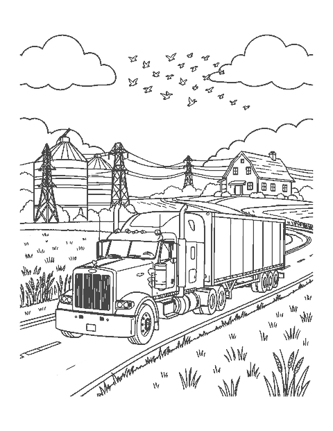 Line drawing of a semi truck with a long trailer on a highway through farmland