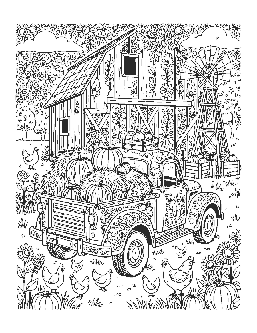 Line drawing of a vintage pickup full of hay and pumpkins beside a barn and windmill