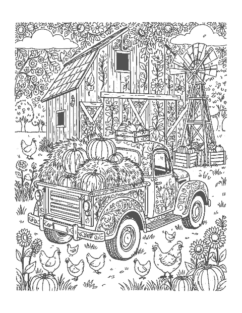 Line drawing of a vintage pickup full of hay and pumpkins beside a barn and windmill
